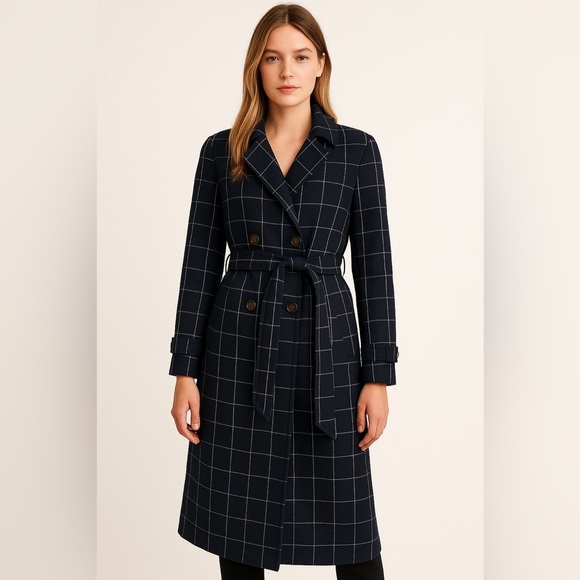 Abercrombie & Fitch Navy Windowpane Trench Coat – Size XL - Picture 1 of 14